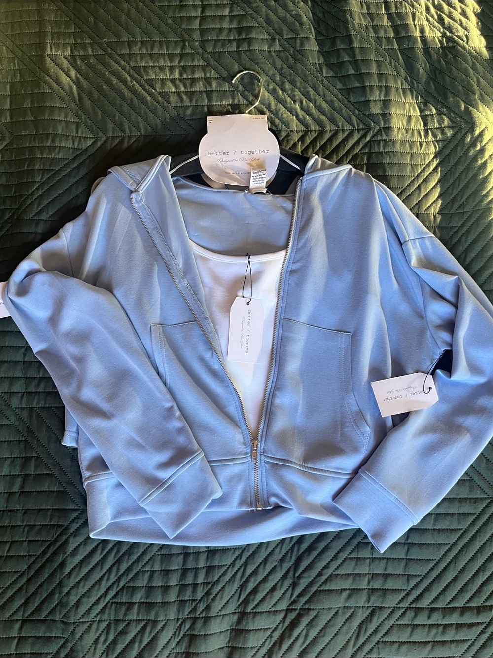 3 piece set! Better Together Light Blue Hooded Jacket, tank & shorts.